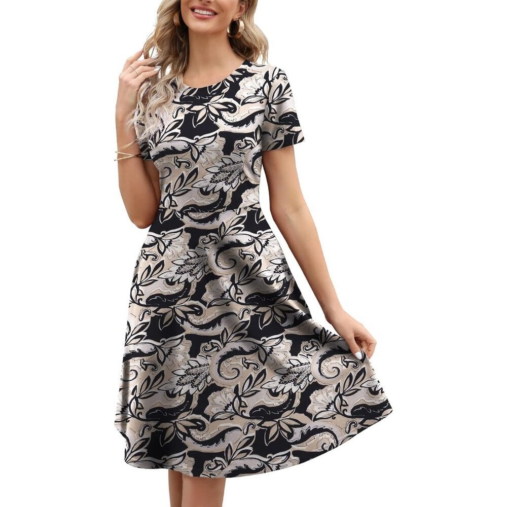 Women's Black Apricot Elegant Knee Length Vintage A-Line Swing Dress with Pocket